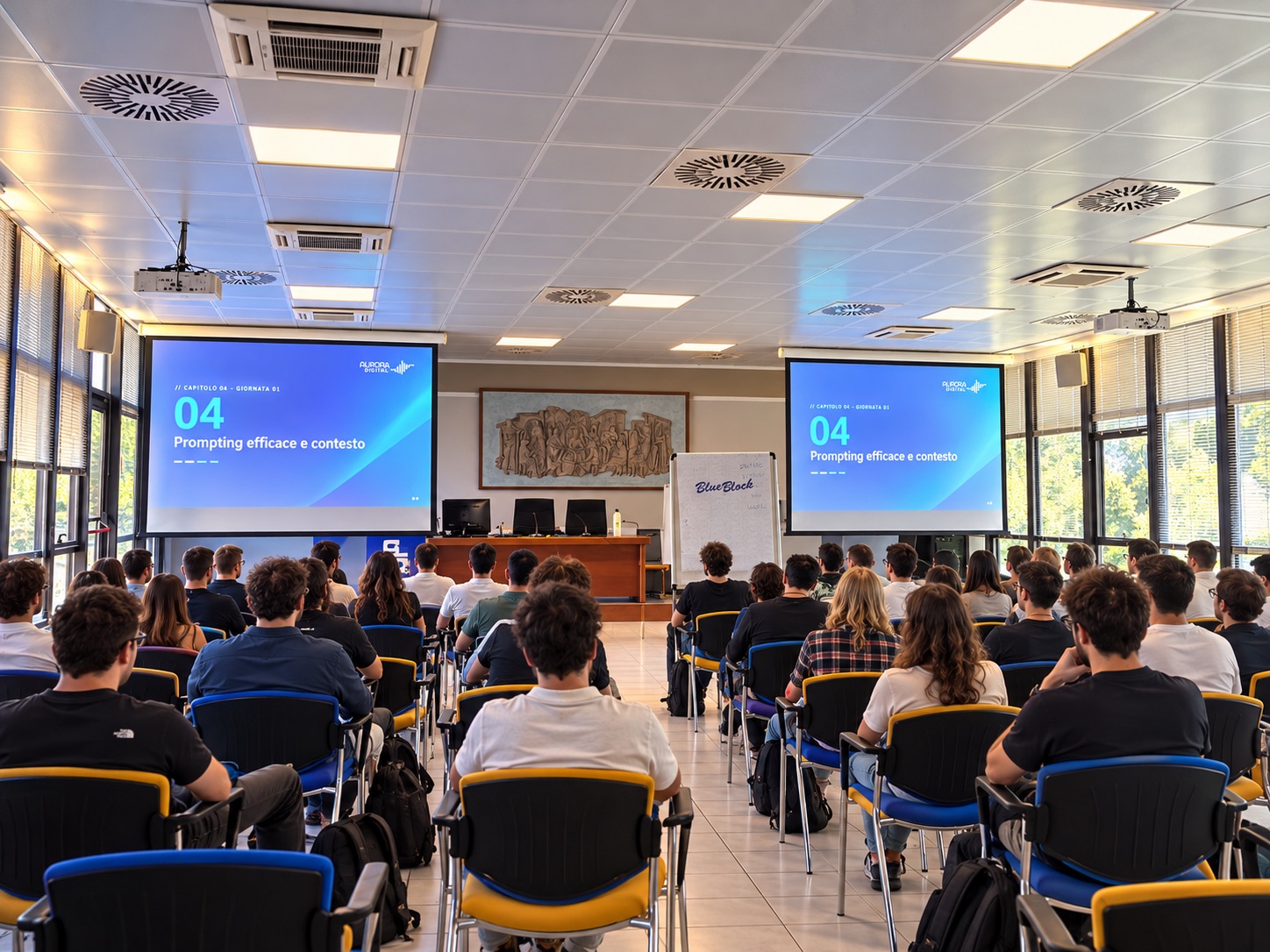Aula di formazione: una cinquantina di partecipanti davanti a due schermi con la slide «Prompting efficace e contesto»
